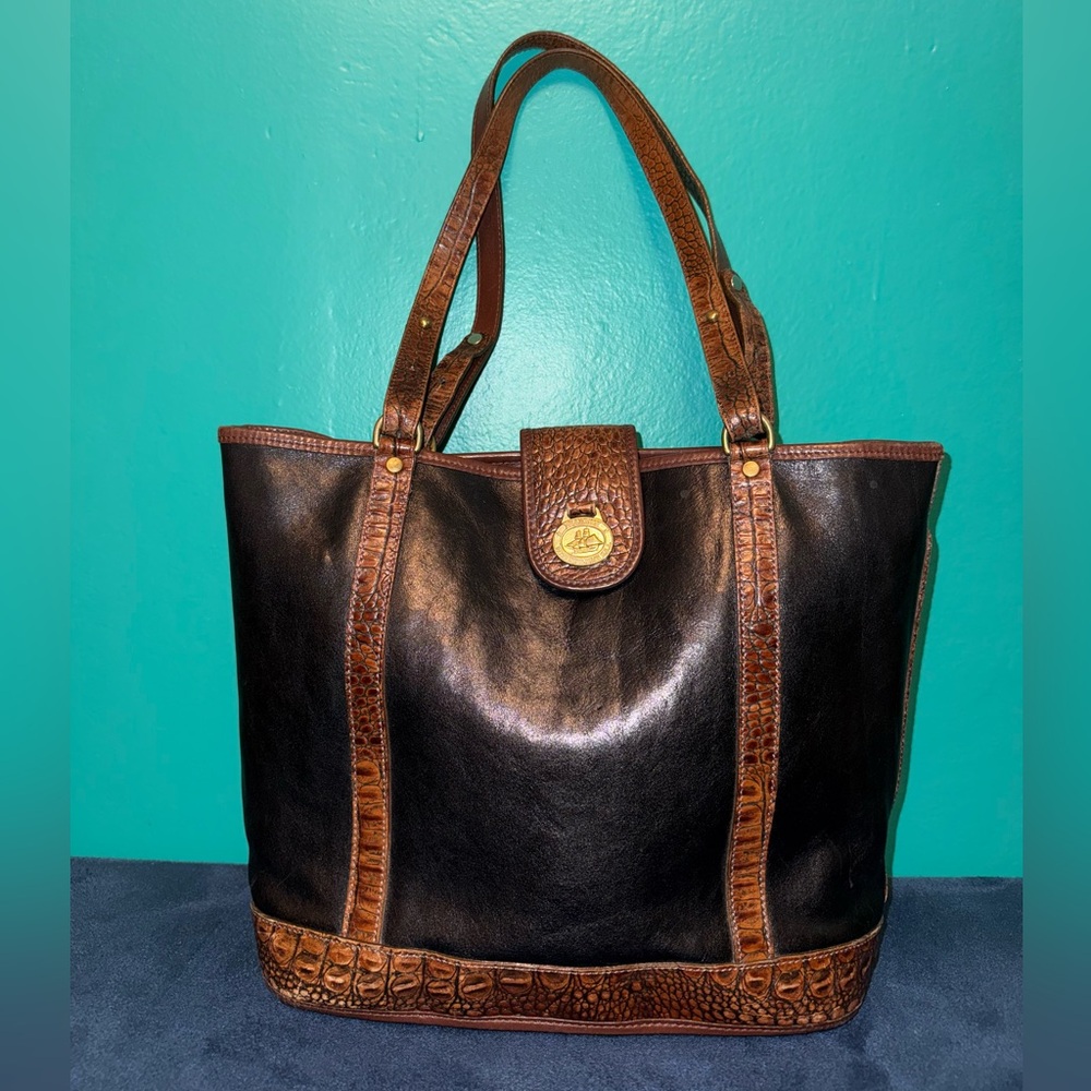 Vtg BRAHMIN Black Leather Pecan Brown Moc Croc Tote Bucket Bag Purse L 1990’s